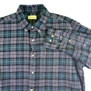Hobbs Creek Mens Flannel Shirt L Green Grey Plaid Cotton Button Down Long Sleeve